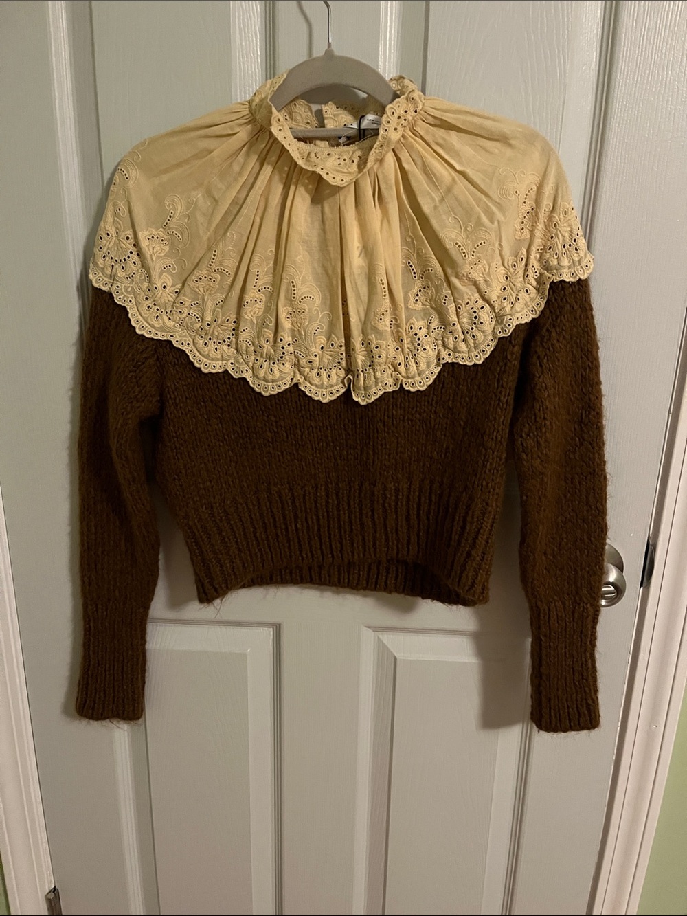 Zara Brown Crewneck Sweater with Removable Cream Eyelet Bib
